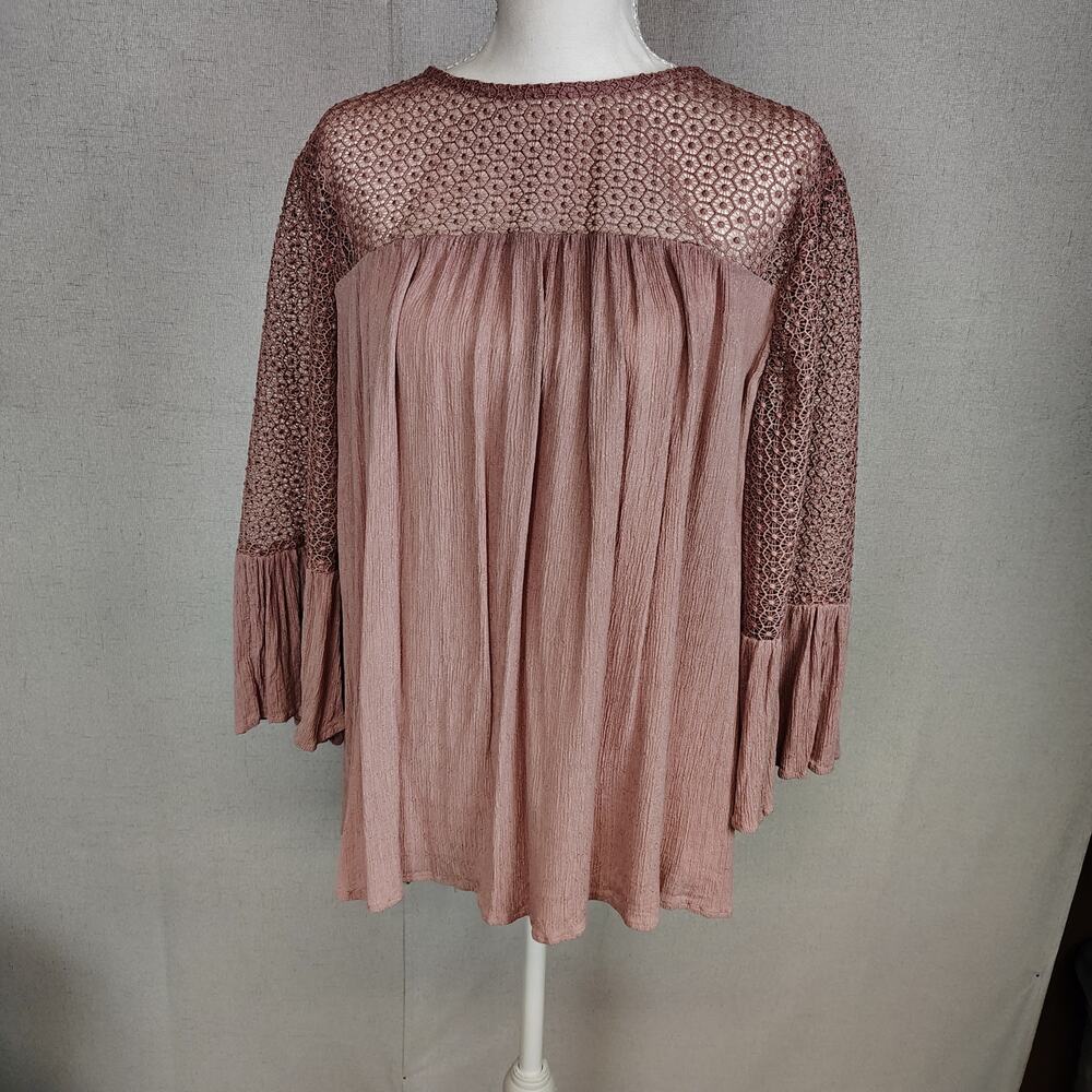 Pink Crochet Lace Boho Blouse Womens Size Missing Approx L XL Bell Sleeve Top